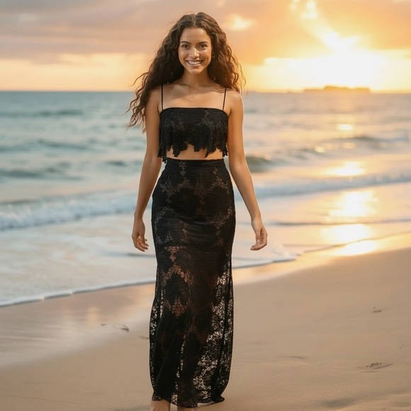 Rumer Dresses & Skirts - NWT Rumer Revolve Sexy Tropez Black Lace Beach Maxi Skirt Crop Top Size Small
